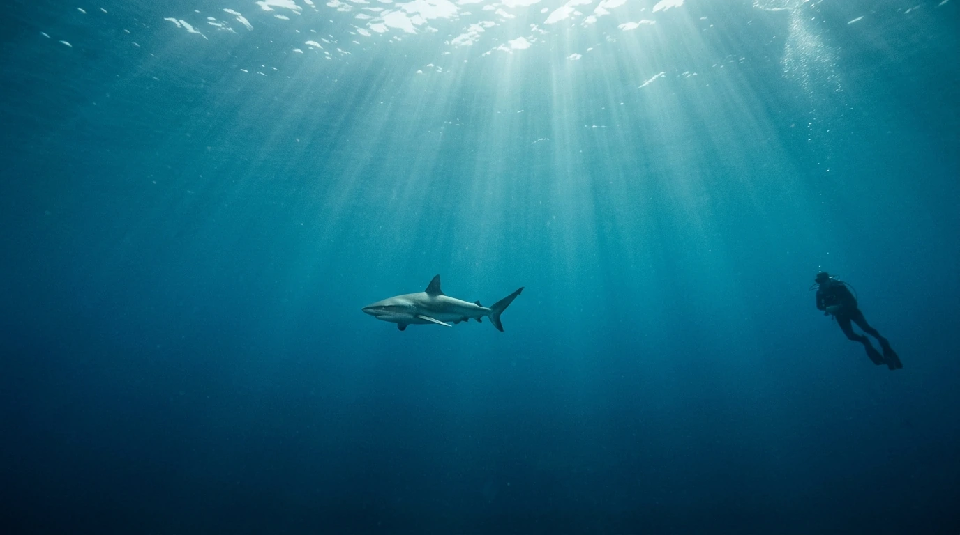 Reef shark in open blue water